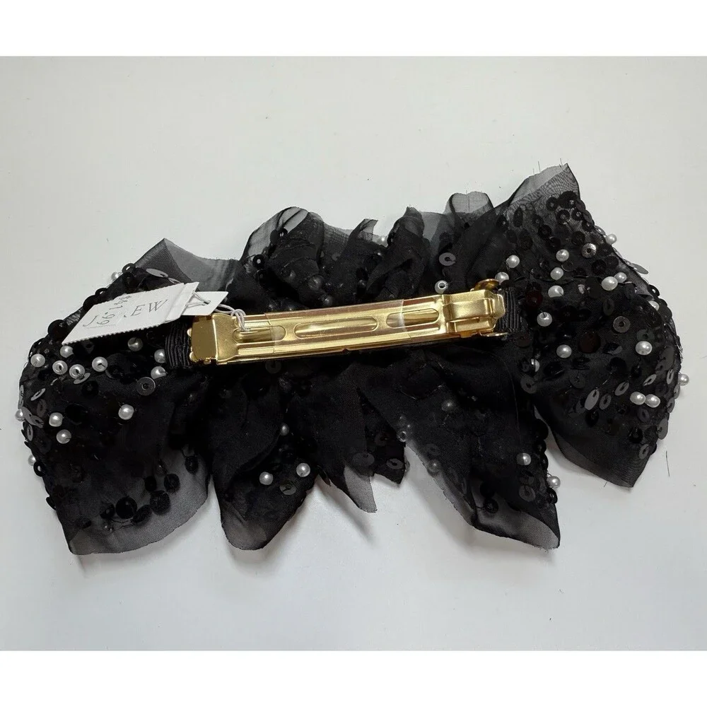 J.Crew Black Mesh Sequin And Faux Pearl Bow Barette New